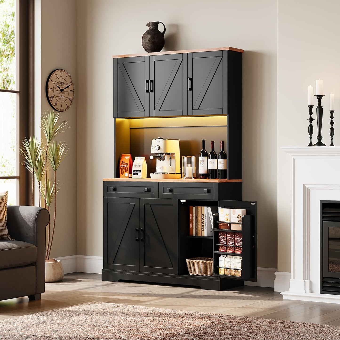 ELYKEN 71" Pantry Cabinet with Charging Station & LED Lights, Tall Kitchen Pantry with Hutch, Microwave Stand, Farmhouse Pantry with Door Shelf & Drawer & Adjustable Shelf for Dining Room, Black