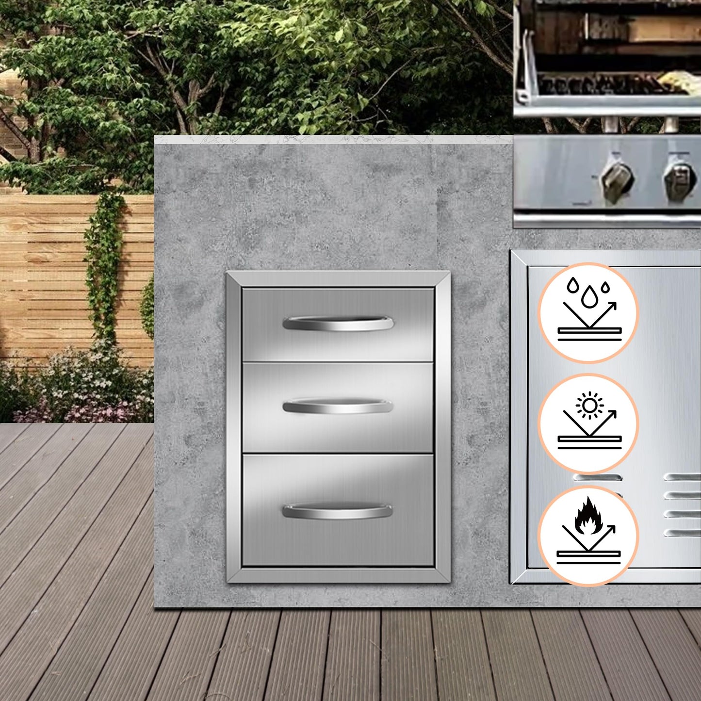 Outdoor Kitchen Drawers Built-in BBQ Drawer Stainless Steel Access Drawers for Outdoor Kitchen Island or Grill Station (14" W x 20.3" H x 23" D)