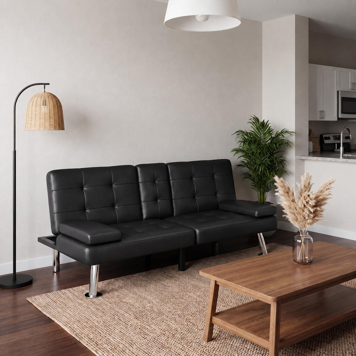JUMMICO Faux Leather Futon Sofa Bed, Sleeper Sofa with Adjustable Backrest