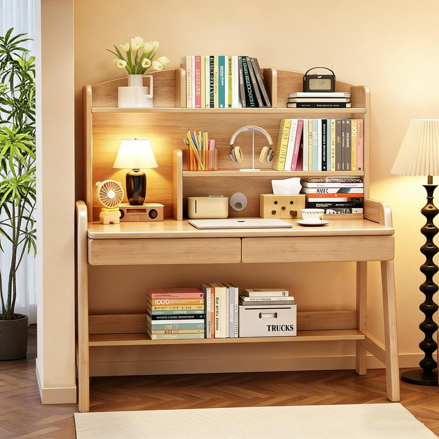 BHDJSE Kids Desk Wooden Childrens Study Desk with Bookshelf&Two Drawers, Adjustable Kids Desk for Study&Writing&Computer&Workstation, Nature