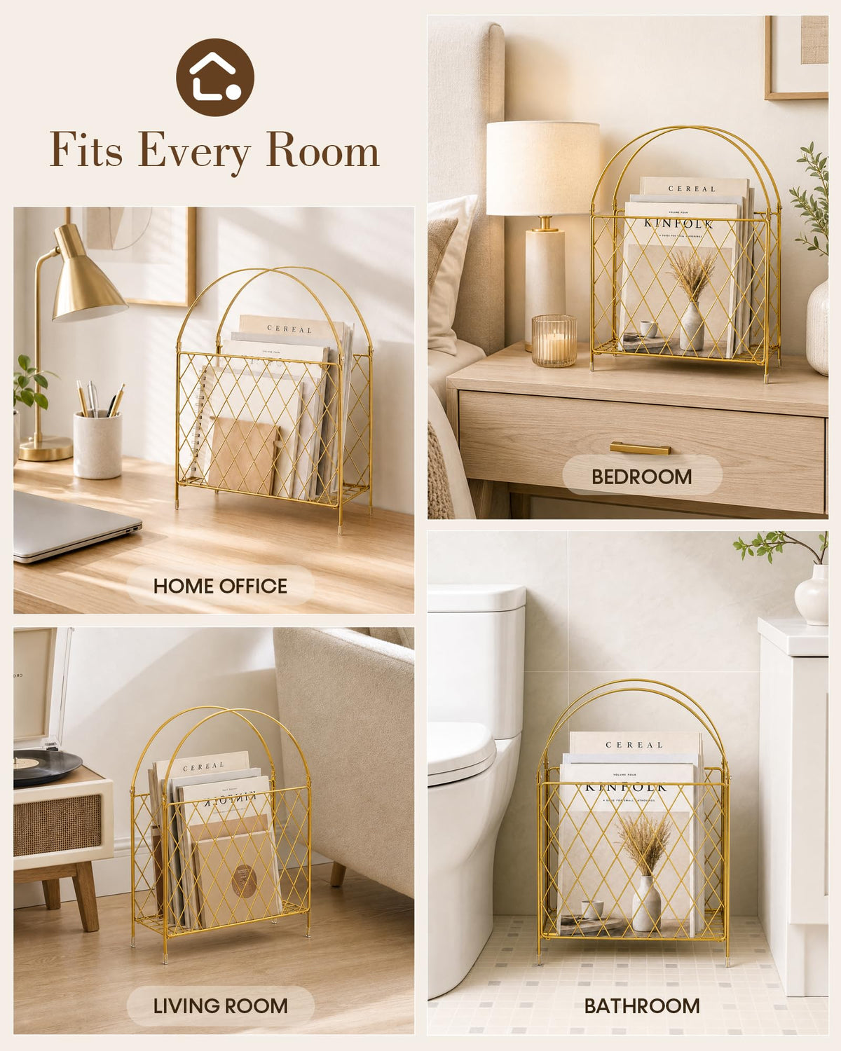 Medcph Gold Metal Magazine Holder, Magazine Rack & Storage Basket Organizer