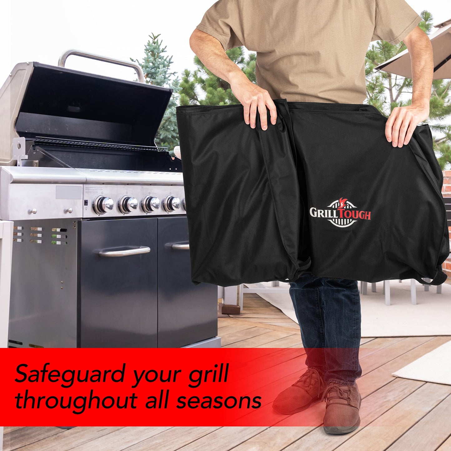 GrillTough Heavy Duty BBQ Grill Cover for Outdoor Grill, 58 Inch β Waterproof, Weather Resistant, UV & Fade Resistant with Adjustable Straps β Gas Grill Cover for Weber, Genesis, Charbroil, etc. Black