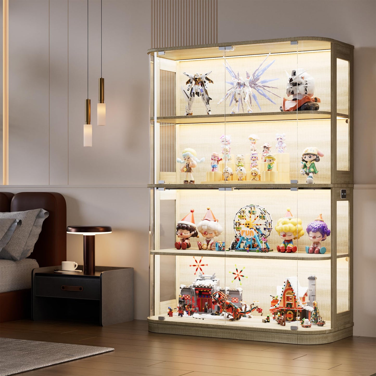 PAKASEPT 47.2" Large Rounded Display Cabinet with Glass Doors, 4-Tier Curio Cabinet Storage Case with LED Lights & Press-to-Open Doors, Modern Display Shelf for Collectible,Human Body Sensor (2)
