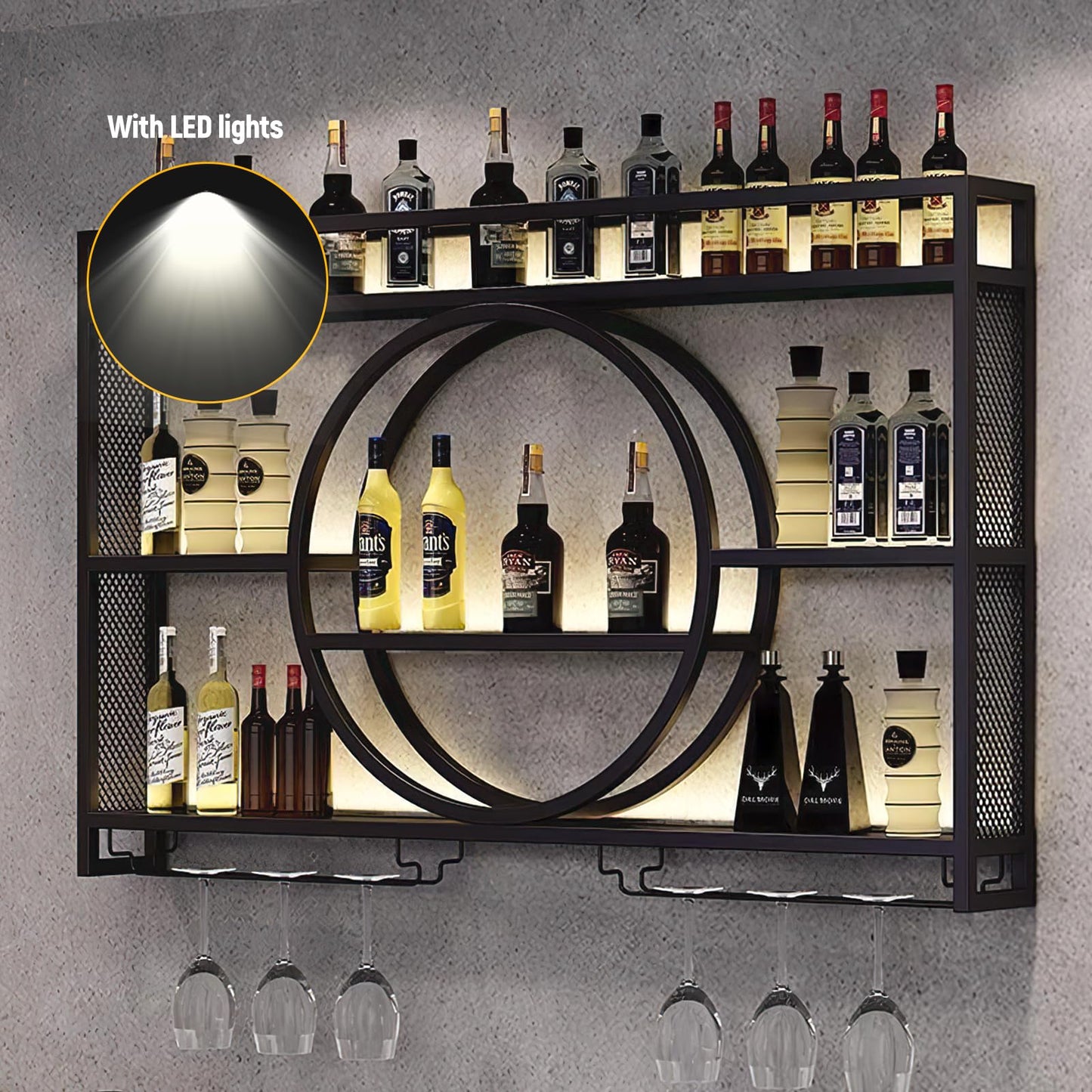 TONGBOSHI Metal Wine Rack Wall Mounted with LED Light, Modern 3-Tier Glass Holder and Stemware Shelves for Kitchen, Bar, Dining Room (Black, 100cm/39.4in)