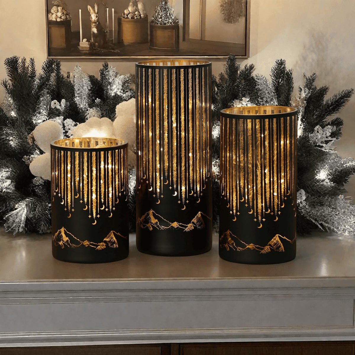 Ashroder Starry Night Elegant Hurricane Candleholders with LED Flickering Lights & Remote Timer, Decorative Glass Hurricanes for Indoor Table Centerpieces & Year-Round Home Decor, Set of 3 (Black)