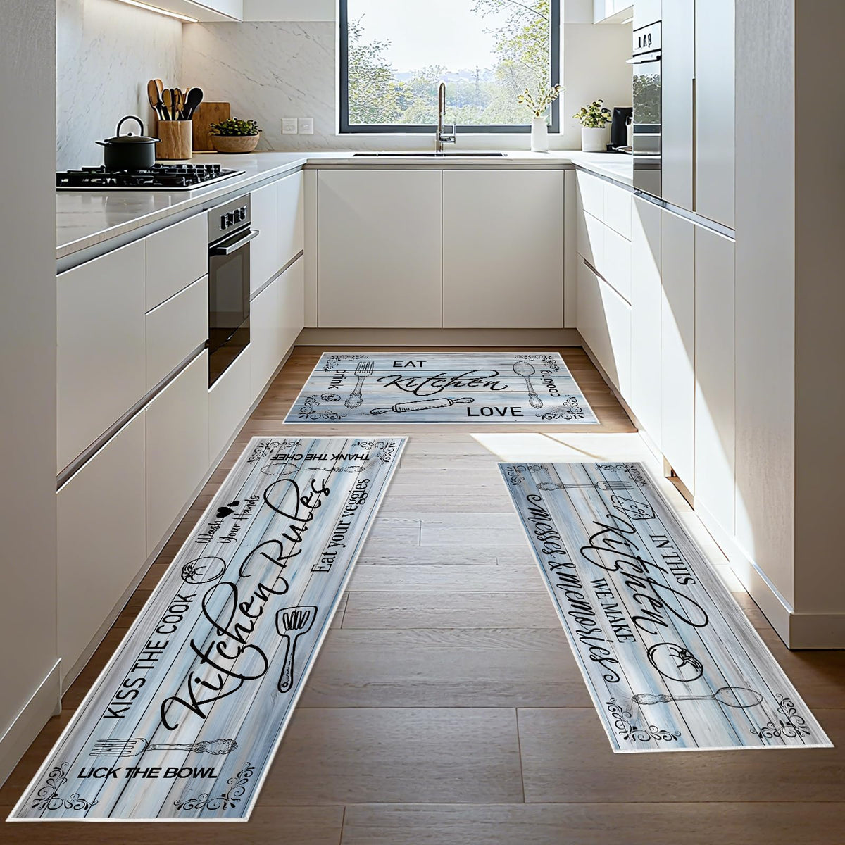 Wauprant 3 Pieces Farmhouse Kitchen Rug Sets with Quotes, Non-Slip Washable Kitchen Mats for Floor, Rustic Wood Grain Kitchen Decor Rugs for Laundry, Hallway, Kitchen (Wood Grey)