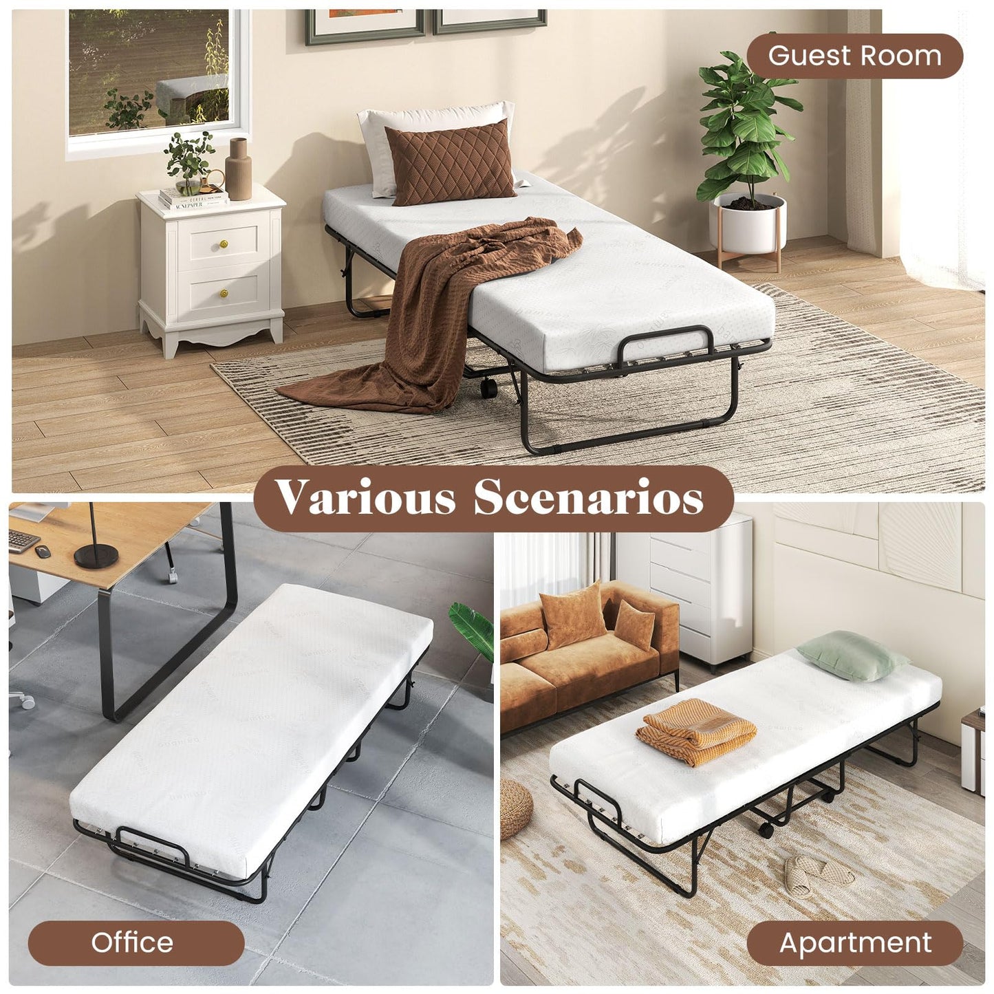 KOMFOTT Folding Bed with Mattress, Cot Size Rollaway Guest Bed with Heavy-Duty Metal Frame & Lockable Wheels, Space Saving Portable Fold up Sleeper Beds for Office, Apartment, Small Spaces