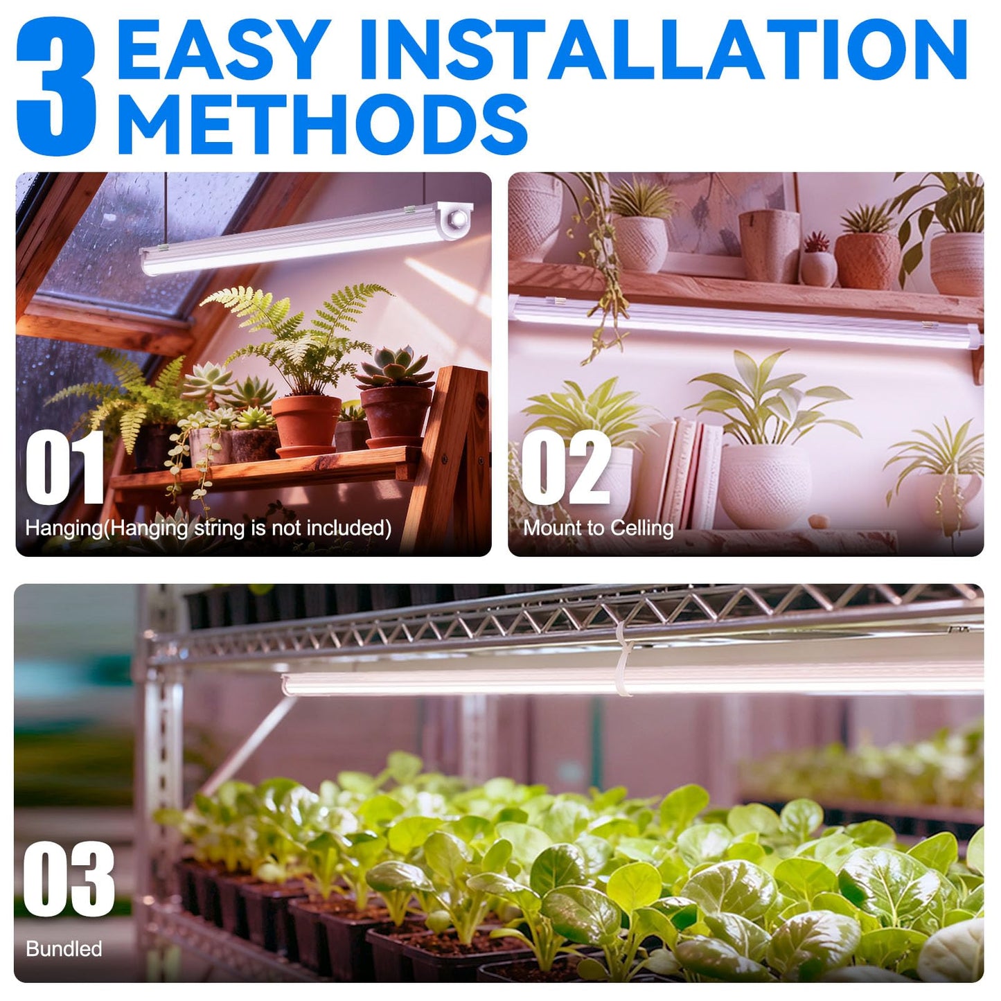 JESLED Waterproof Plant Grow Lights, 4FT Full Spectrum Grow Light for Seedling, Flowering & Fruiting, 96W (2 x 48W, 600W Equiv), Linkable Grow Light Strip, Plug and Play, Pinkish White,2-Pack