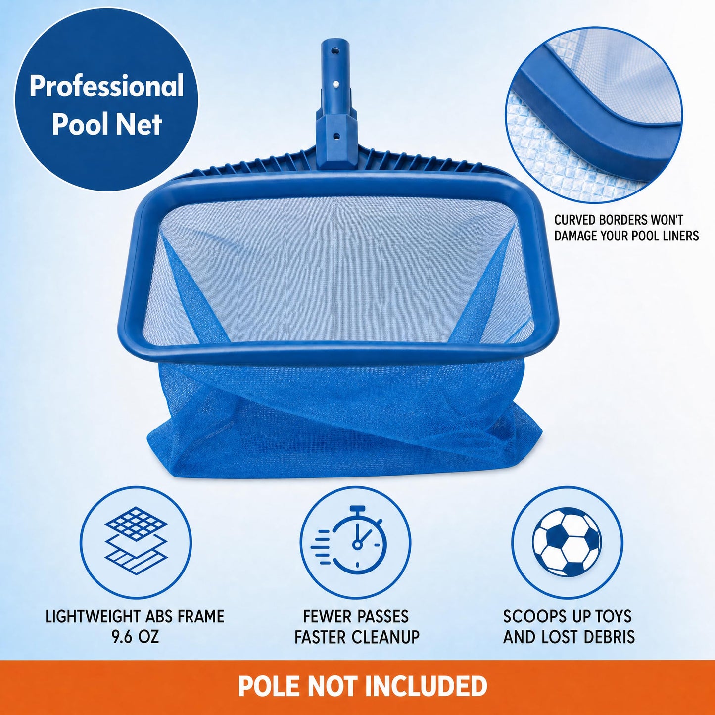 STARGOODS 20" Pool Skimmer Net - Heavy-Capacity Deep Bag Leaf Rake for Inground & Above Ground Pools - Fine Mesh Catches Leaves, Pet Hair & Debris - Pool-Safe Rounded Edges - Fits Standard Poles, Blue