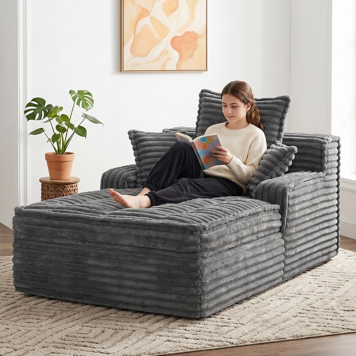 feliz home Boneless Chaise Lounge Couch Indoor, Small Corduroy Upholstered Sleeper Sofa Bed Reading Chairs with 3 Pillows, Fluffy Comfy Cloud Sofas Couches, Compression Boneless Sofa for Small Corner