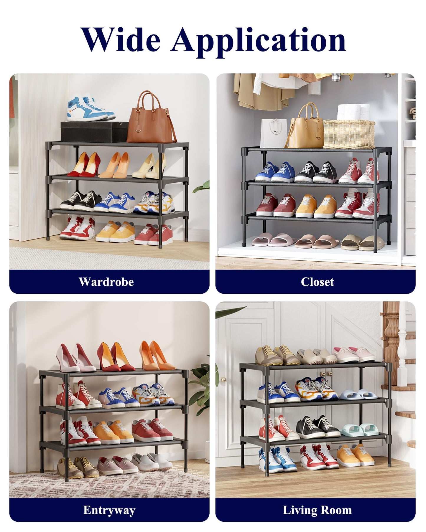 Kitsure Shoe Rack - Non-Woven Shoe Rack Shelf, 27.5" Wide - 3 Tier, Black