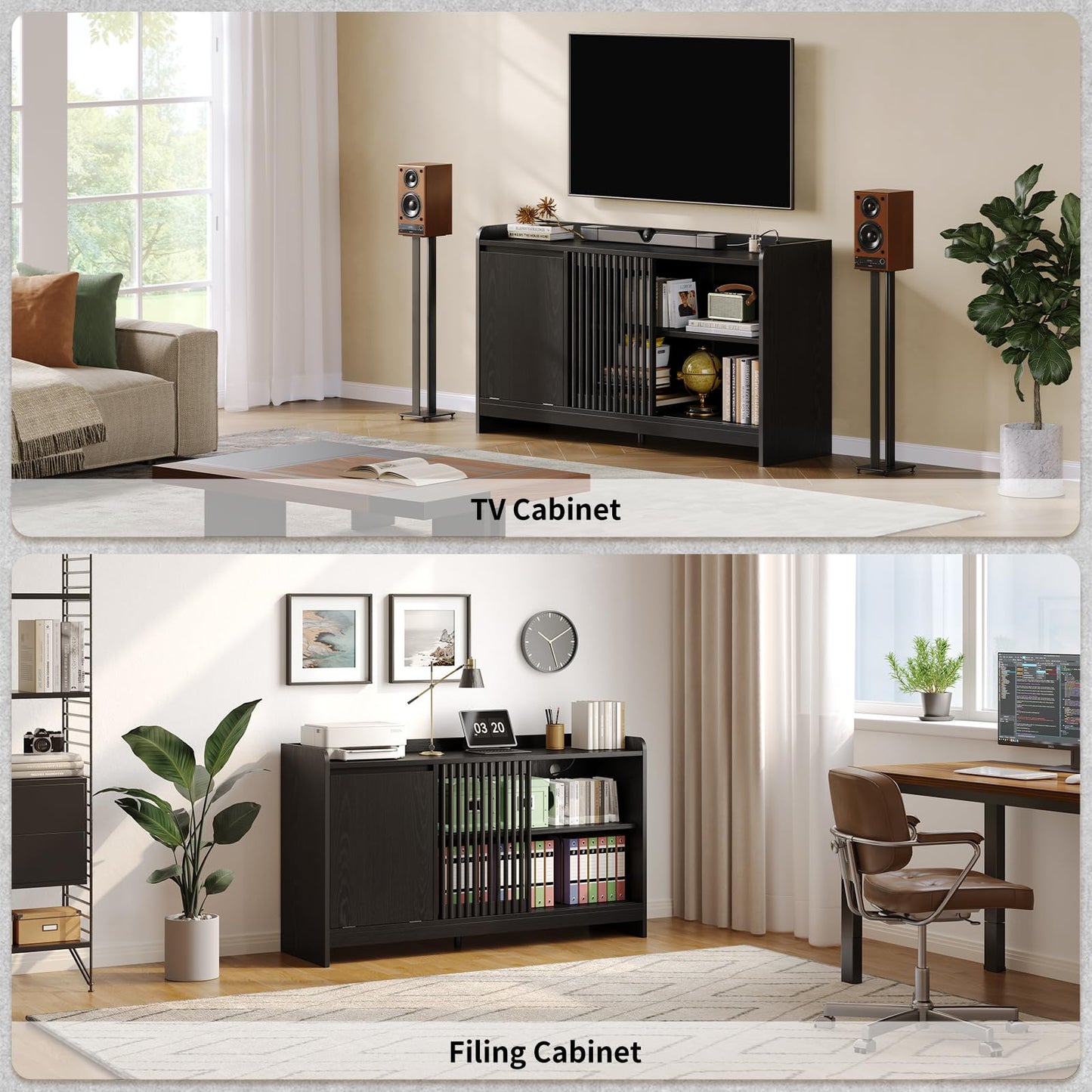 ONBRILL 48" Record Player Stand w/Flip-Out Storage Cabinet, Sliding Door