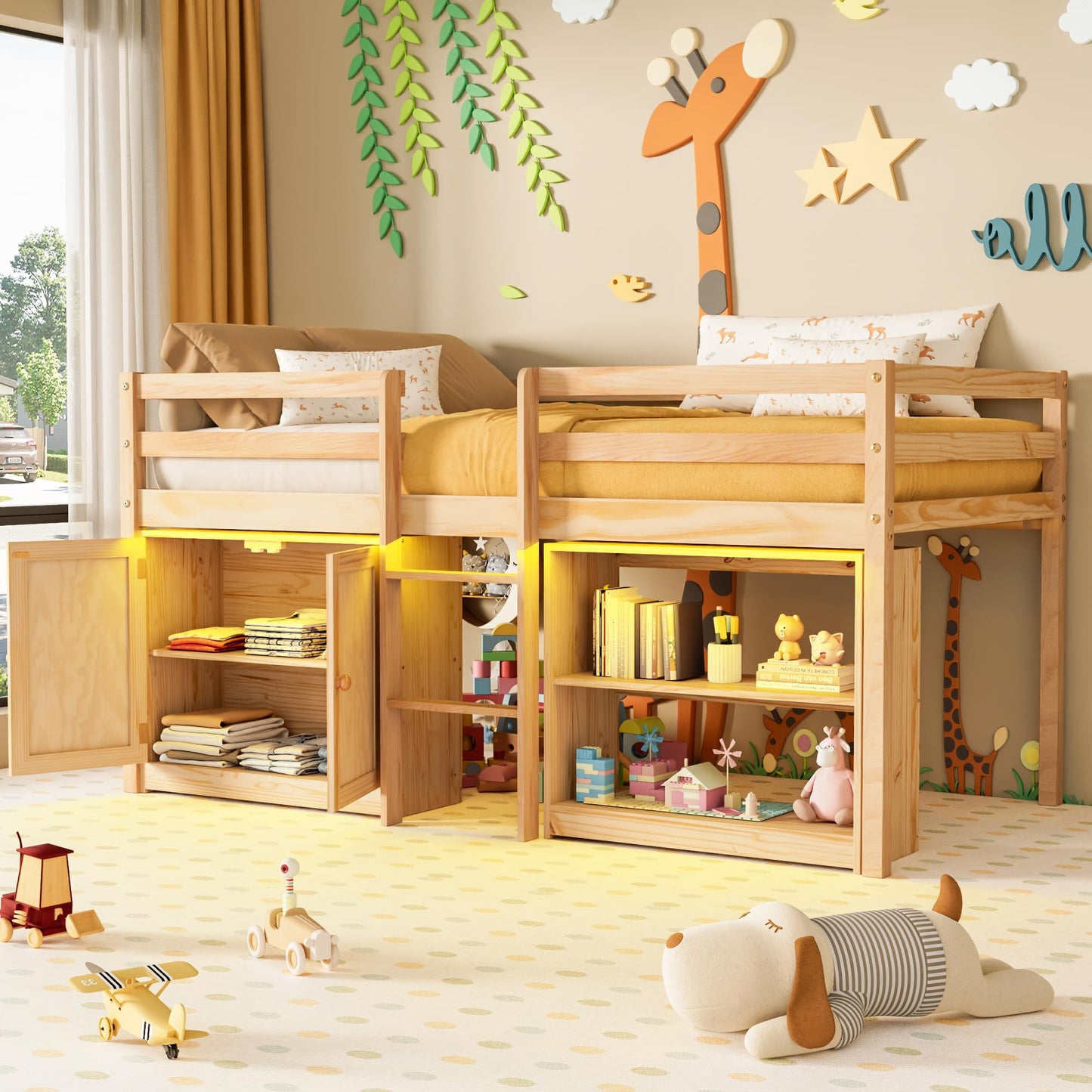TOLEAD Wood Low Loft Bed Twin Size with Storage Cabinet, Shelf and LED Lights, Wooden Kids Loft Bed with 14" H Safety Guardrail, Ladder and Under-Bed Play Space, Natural Wood