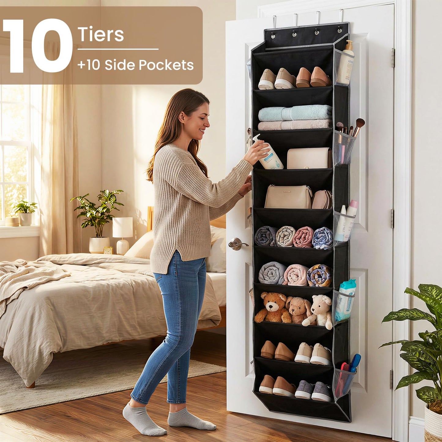 LUMIDOMA 10-Tier Over The Door Organizer with 4 Anti-Scratch Silicone Hooks & 10 Side Pockets, Hanging Shoe Organizer for Closet (15-20 Pairs), Behind the Door Storage for Toys, Household Essentials