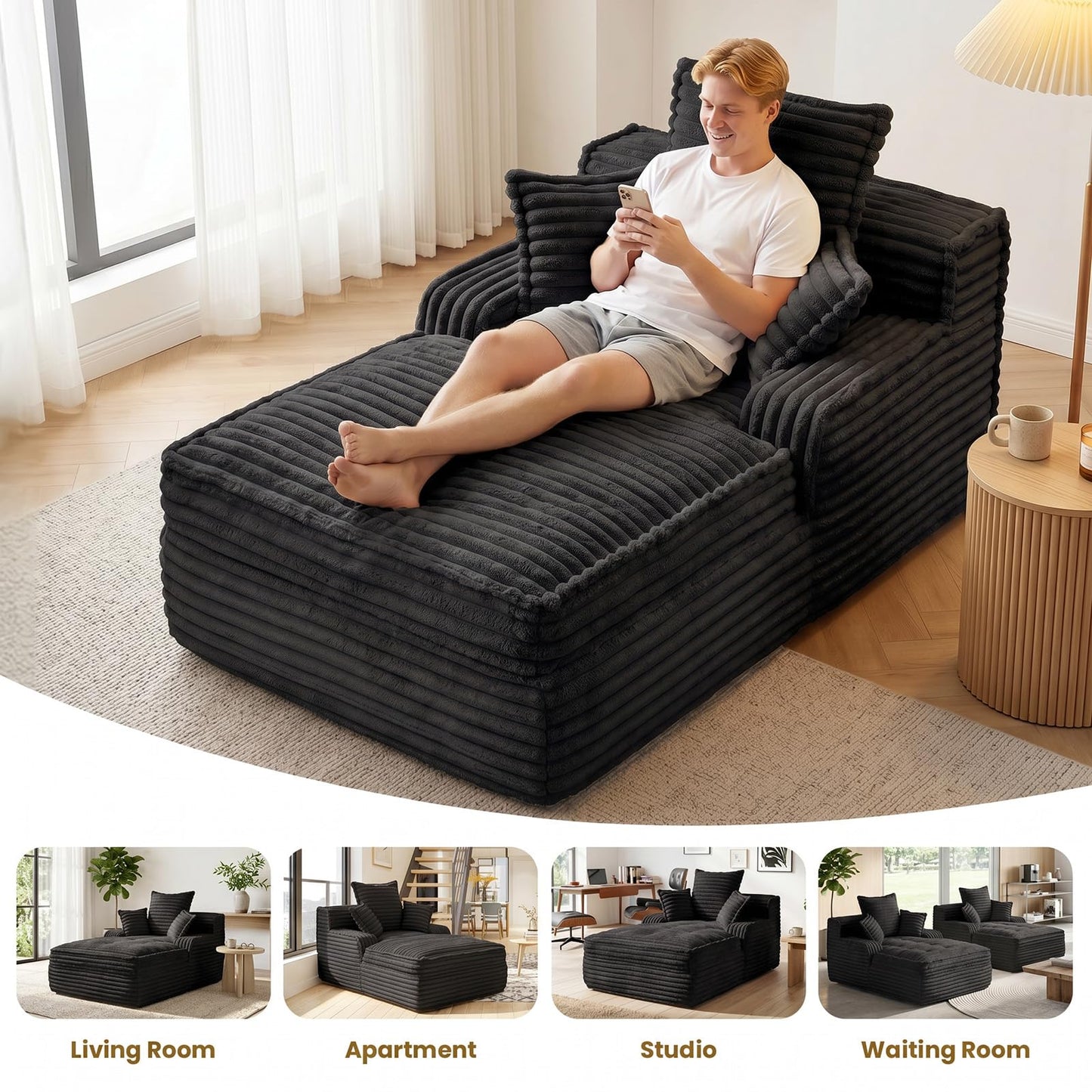 Ziydily 57 Inch Boneless Couch Lounge Chaise, Corduroy Upholstered Boneless Sofa Bed, Deep Seat Sleeper Couch Reading Chairs, Cozy Cloud Sofa Couches for Small Spaces, No Assembly Required, Black