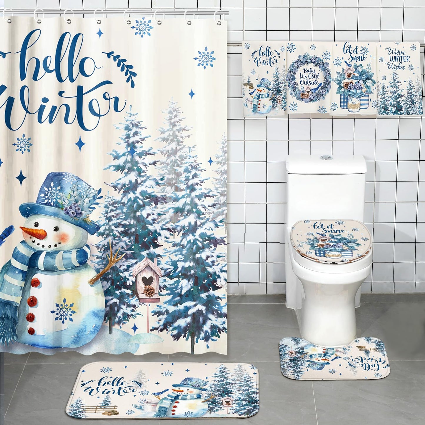Tranqun 8 Pcs Winter Shower Curtain Set Towels Mat Toilet Lid Cover Hook
