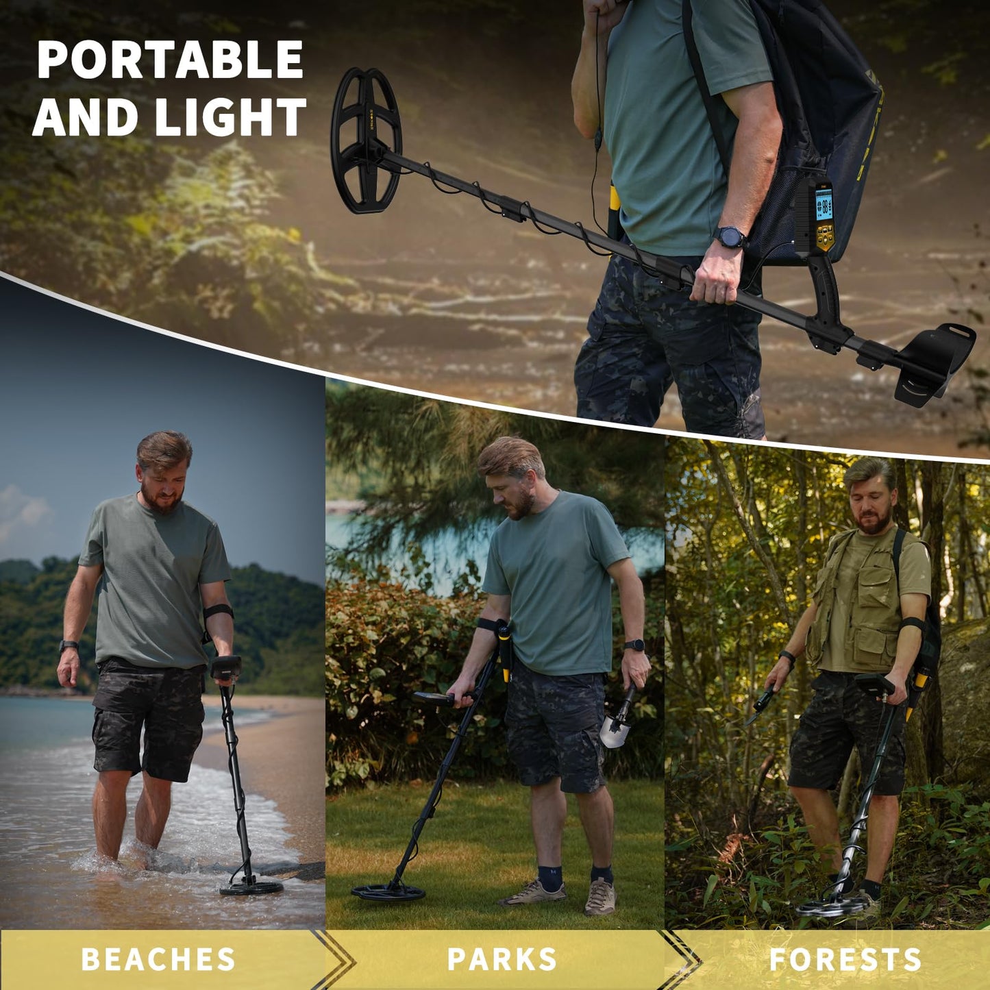 SAKOBS Metal Detector for Adults, Professional Foldable Waterproof Metal Detector with 11" IP68 DD Coil, Backlit LCD Target ID, 12.8" Deep Search Gold Detector, Lightweight Beach Metal Detector