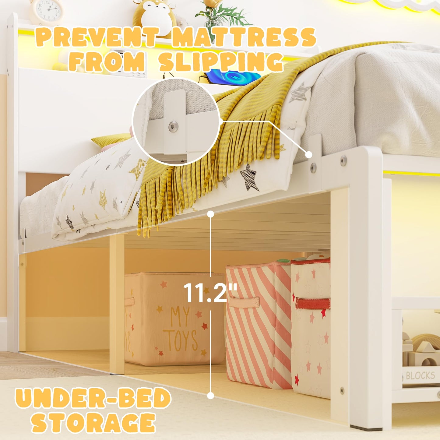 Timy Twin Size Bed Frame with LED Lights Metal Platform Bed for Boys and Girls Wooden Headboard with Charging Station No Box Spring Needed White