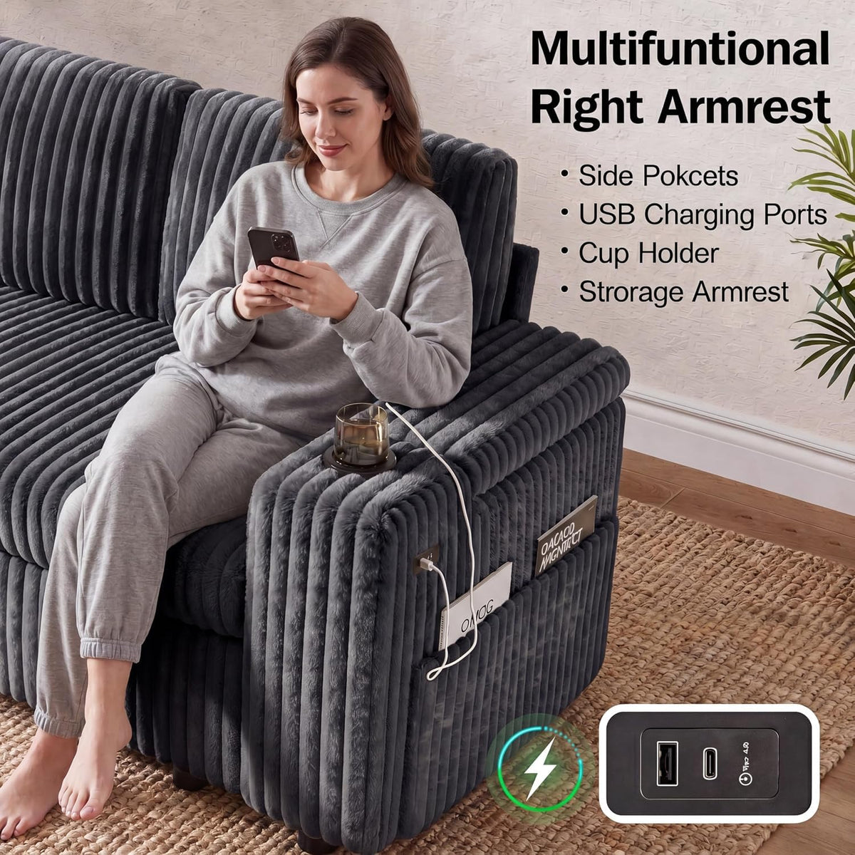 Sunny Heart 130" Modular Sectional Sleeper Sofa with Pull Out Bed, 9 Seat Corduroy L Shaped Couch with Ottoman and Chaise|USB Ports|Cup Holders|Side Table, Tool Free Assembly, Grey