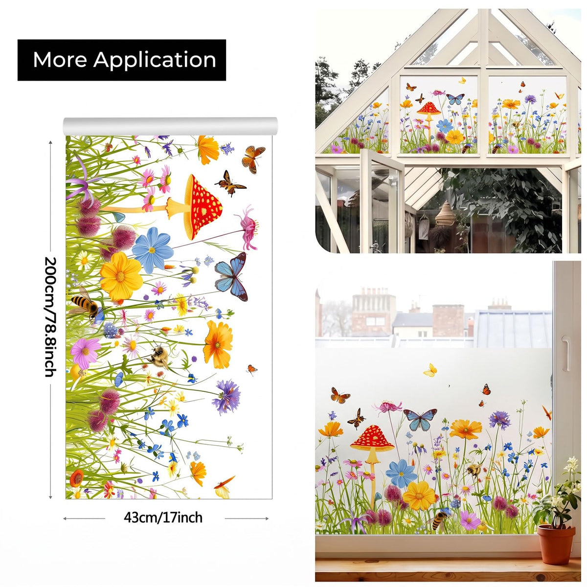 Static Cling Privacy Window Film, 78" x 17" Frosted Glass Covering with Wildflower & Botanical Patterns, Removable No Glue Window Film for Home Bathroom Bedroom Office (Wildflower 5)