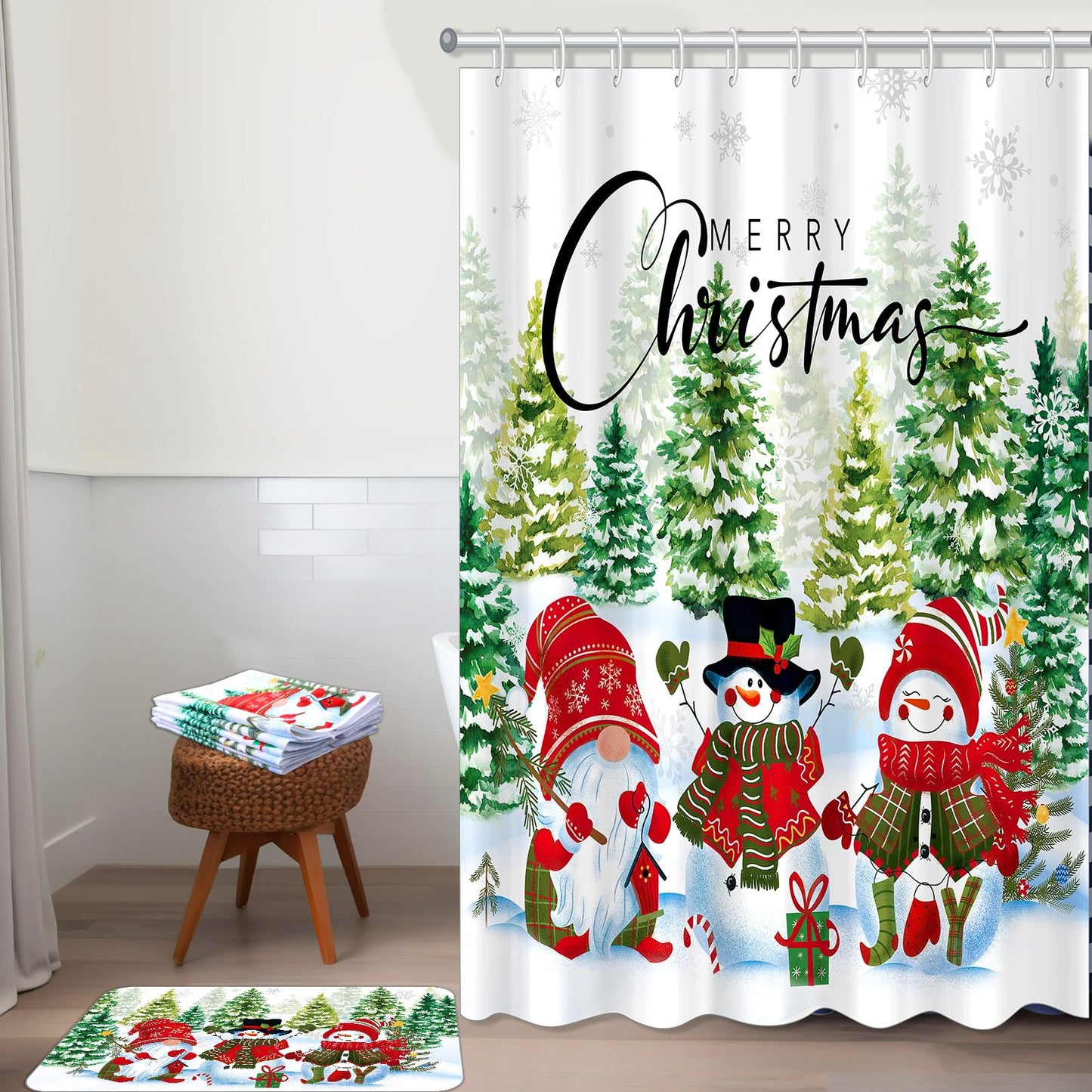 Tiamon 7 Pcs Christmas Snowman Shower Curtain Set with Rugs Toilet Mats