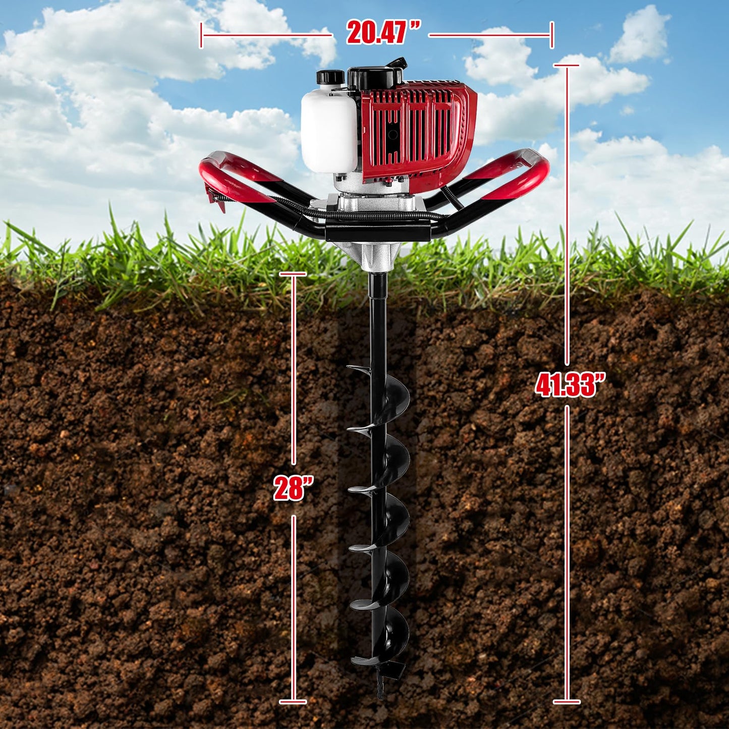 YOPUTETOOL 52CC 2-Stroke Gas Powered Post Hole Digger – 1800W Earth Auger with 4", 6", 8" Drill Bits & 3X 10 Extension Rods – Heavy Duty Hole Digger Machine for Farmland, Garden, Planting & Fencing