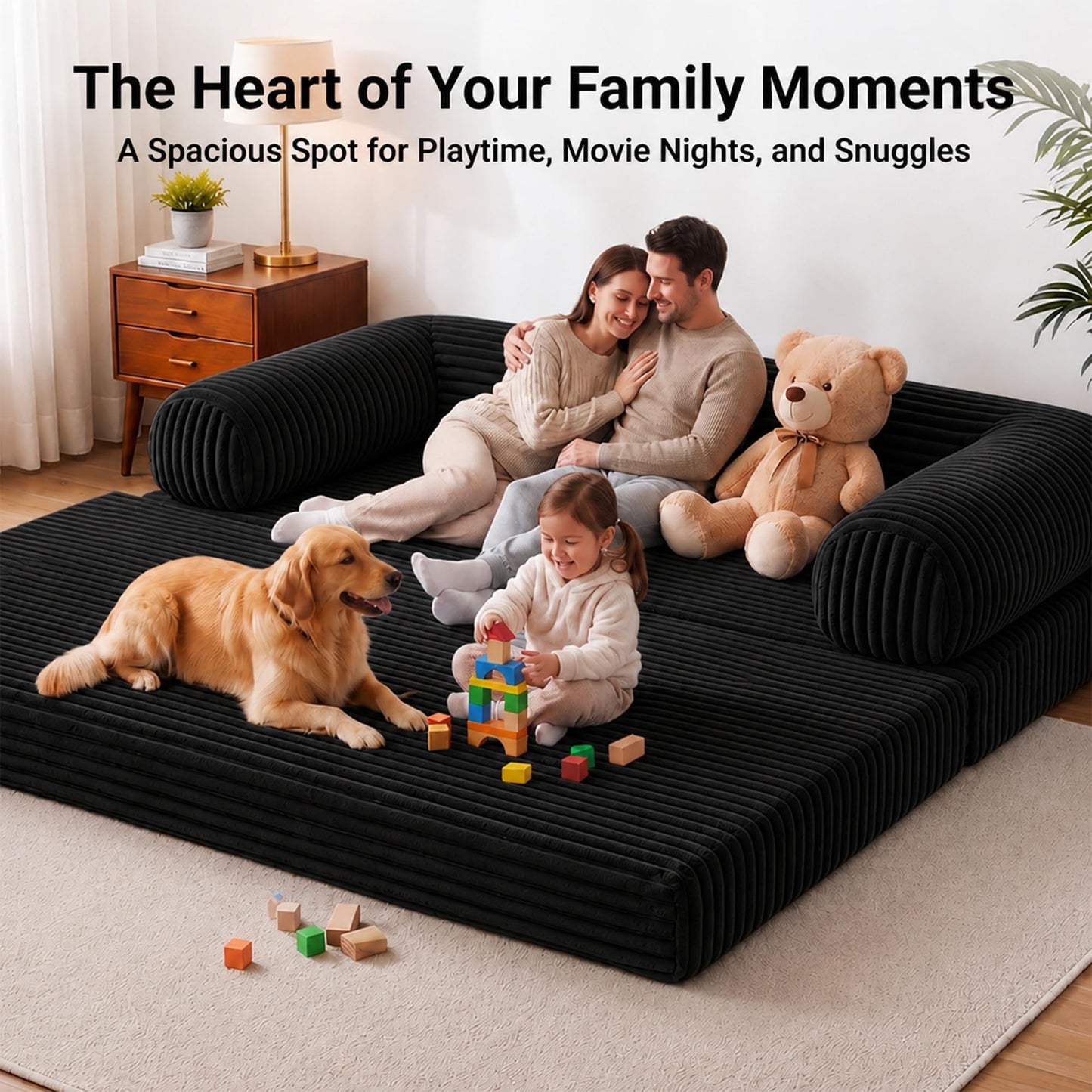 Claiks 75" Convertible Sofa Bed, Corduroy Futon Couch Pull Out Bed, No Assembly Boneless Couches for Living Room Bedroom Apartment, Black