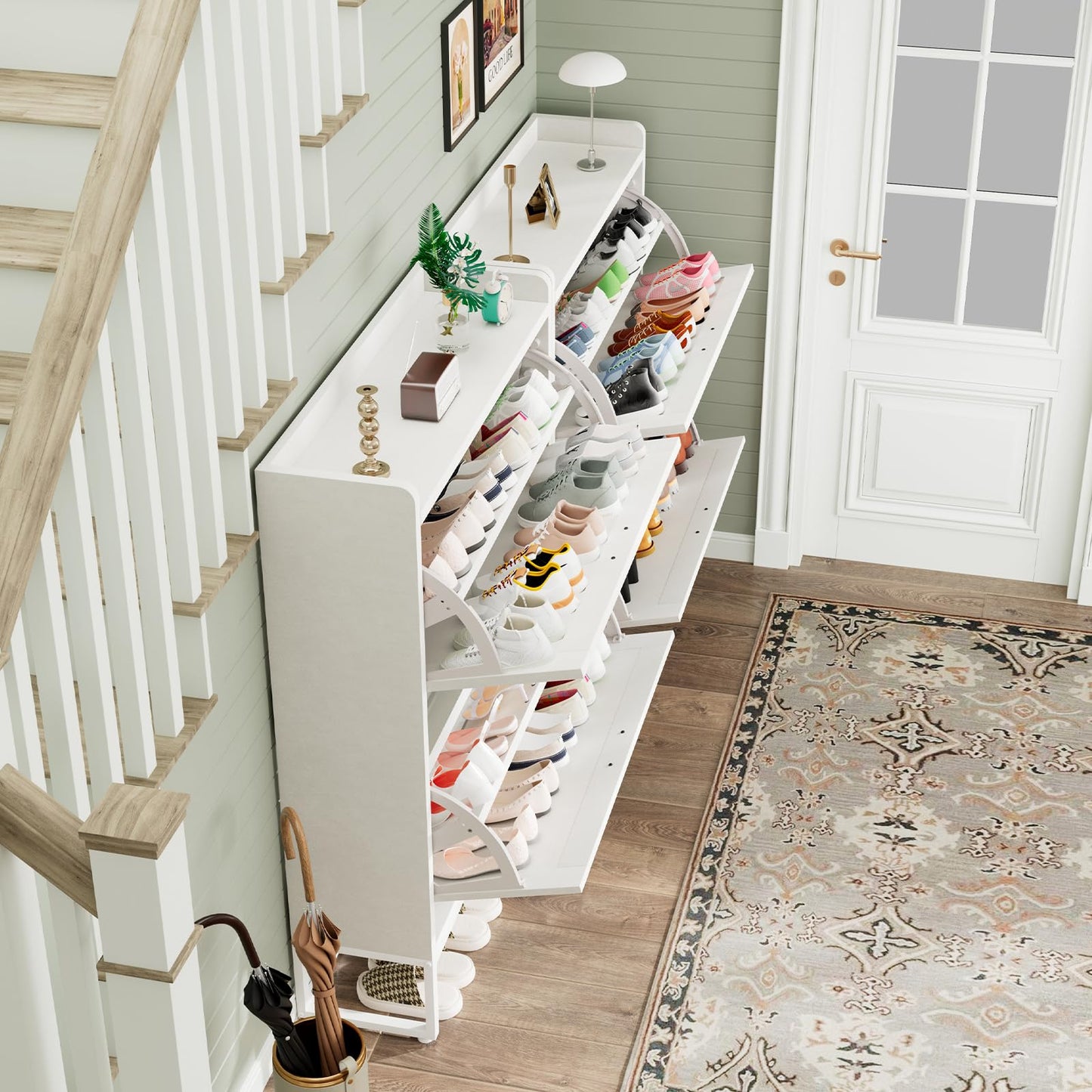 GRUSIGN Shoe Cabinet, Shoe Storage Cabinet with 2 Flip Drawers & Adjustable Shelf, Space-Saving Shoe Organizer – Holds 16+ Pairs, Narrow Shoe Cabinet Storage for Entryway/Hallway(White)