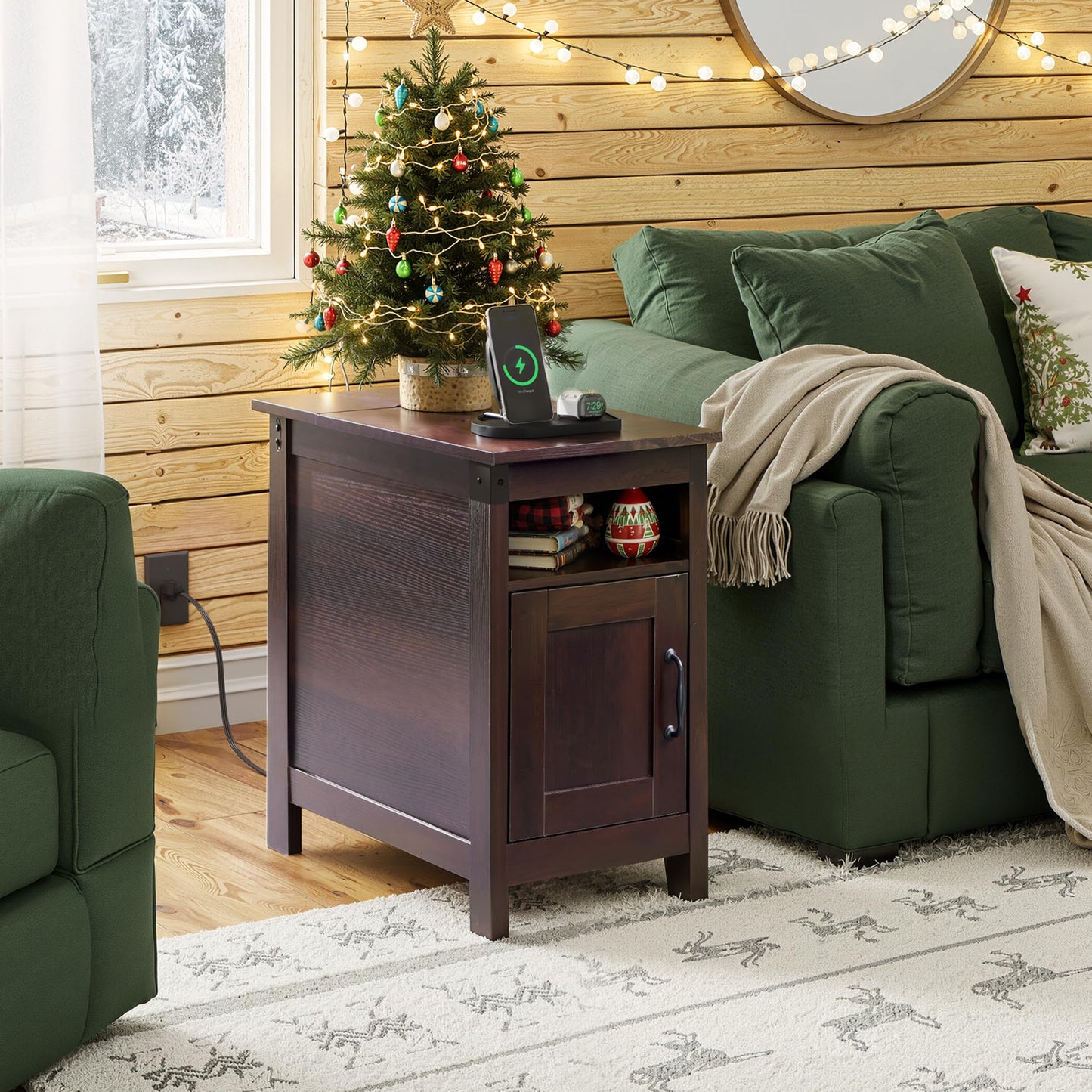 WLIVE End Table with Charging Station, Narrow Side Table for Living Room, Farmhouse Night Stand with Storage, Small Wooden Nightstand with USB Ports and Outlets for Living Room and Bedroom, Espresso