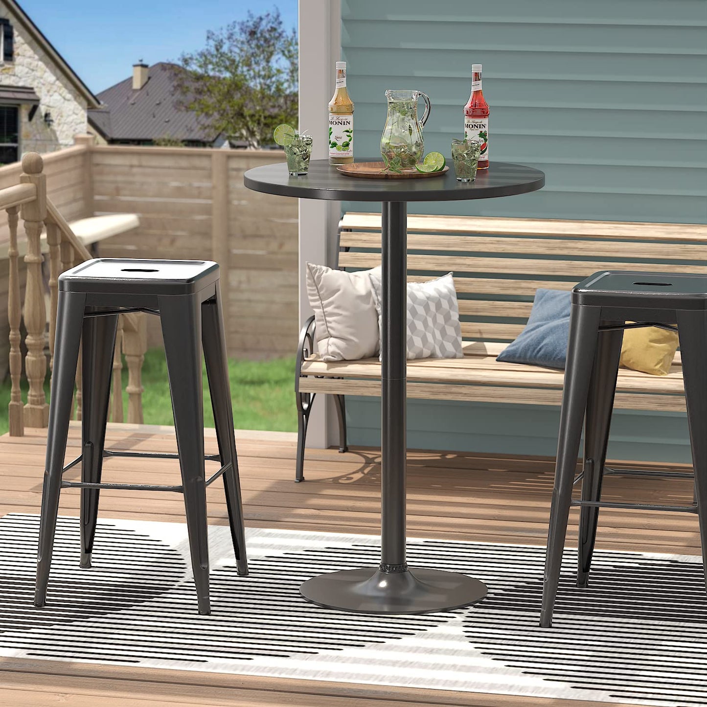 Furmax Bistro Pub Table 2 Pack Round Bar Height Cocktail Table Metal Base MDF Top Obsidian with Black Leg 23.8-Inch Top, 39.5-Inch Height (Black)