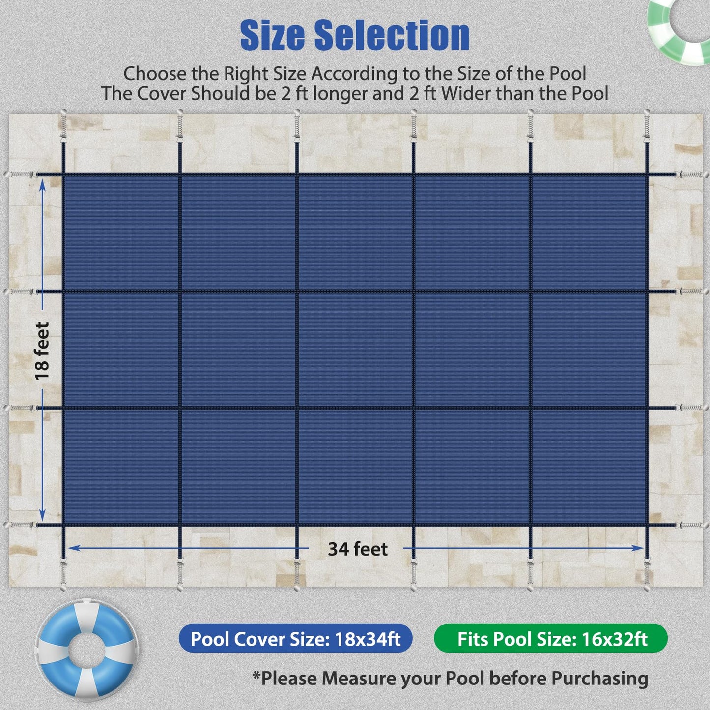Inground Pool Cover Safety Fits Rectangle Swimming Pool, Mesh Solid Pool Cover for Inground Pools,Winter Pool Safety Cover Includes Safety Net and Installation Tools Blue (Blue, Fits 16x32ft Pools)
