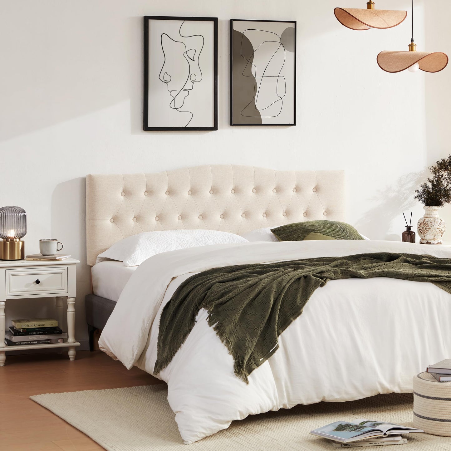 Huatean Home Tufted Upholstered Headboard California King, Sturdy and Durable Solid Wood Bed headboard, Fabric Headboard Adjustable Height from 37” to 51”, Button Diamond Design Head Board, Beige