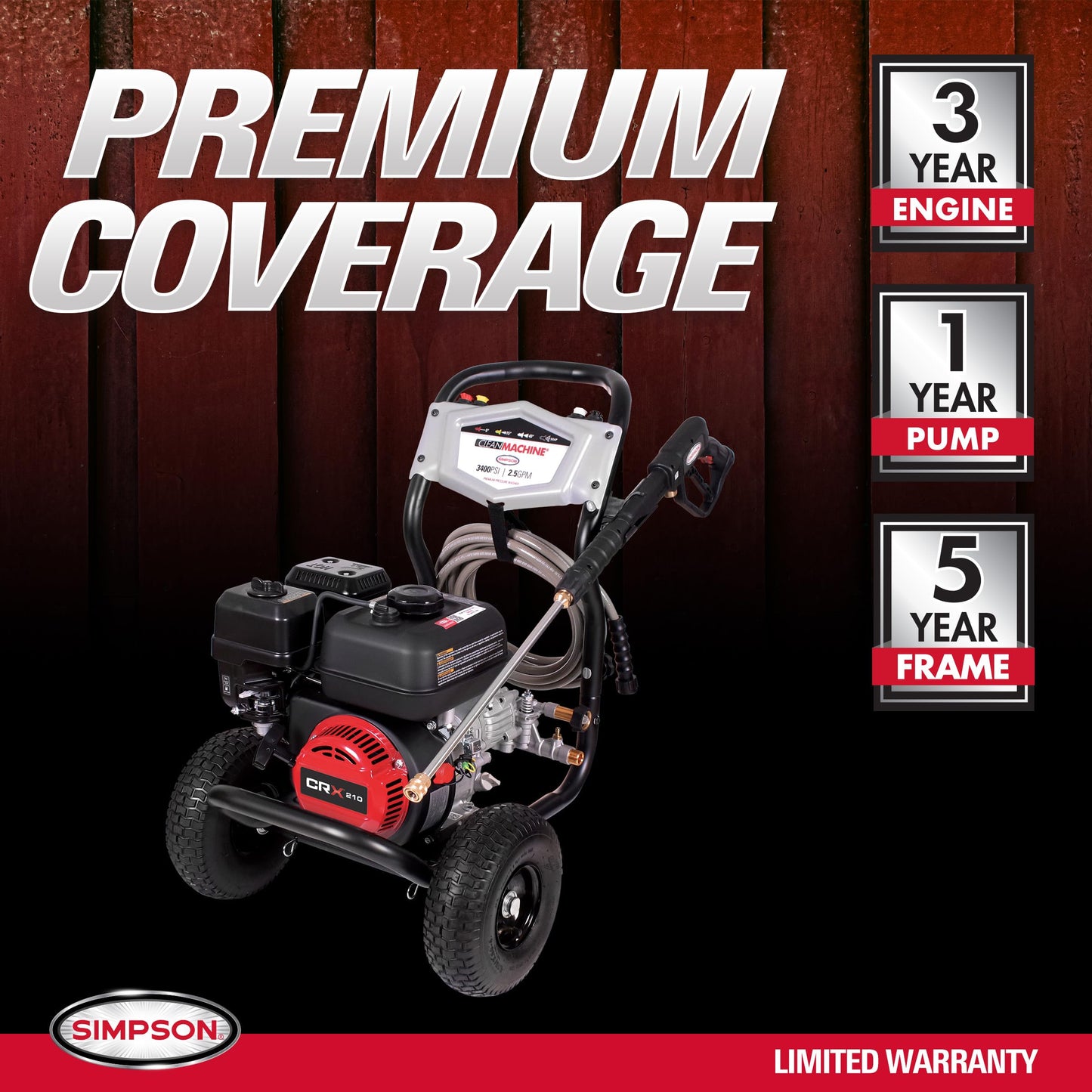 Simpson 3400 PSI Gas Pressure Washer, 2.5 GPM Residential Power Washer, Cold Water, 25' Hose, Clean Machine, 49-State Compliant (CM61083)