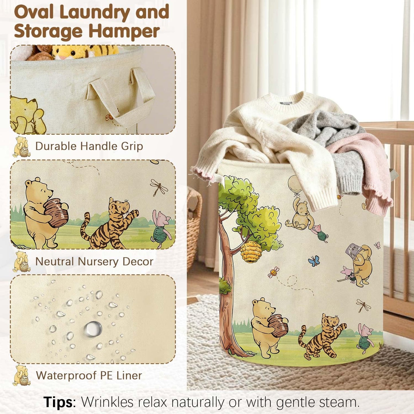 Oval Classic Winnie Bear Baby Laundry Basket Hamper for Nursery, Neutral Vintage Winnie Baby Stuff Waterproof Storage Basket Canvas Clothes Hamper