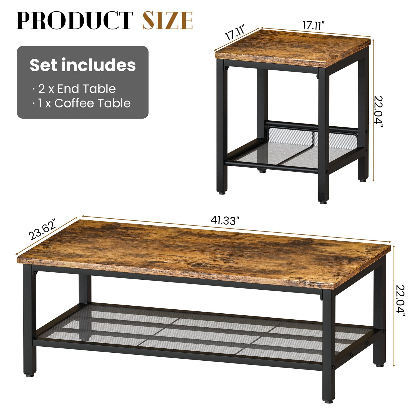 AWQM Coffee Table Industrial Coffee Table with 2 Square End Side Tables, Modern Living Room Table Set with Metal Frame for Apartment Home Office, Rustic Brown Set001