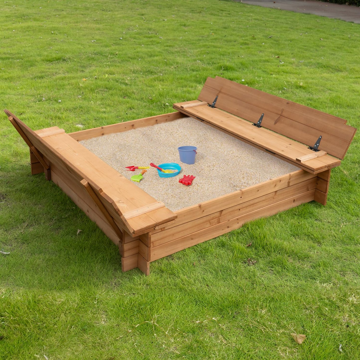 BIRASIL Wood Sandbox with 2 Bench Seats, Sand Boxes with Lid for Kids, Sand Pit with Cover for Outdoor Backyard Patio, 48 Inch