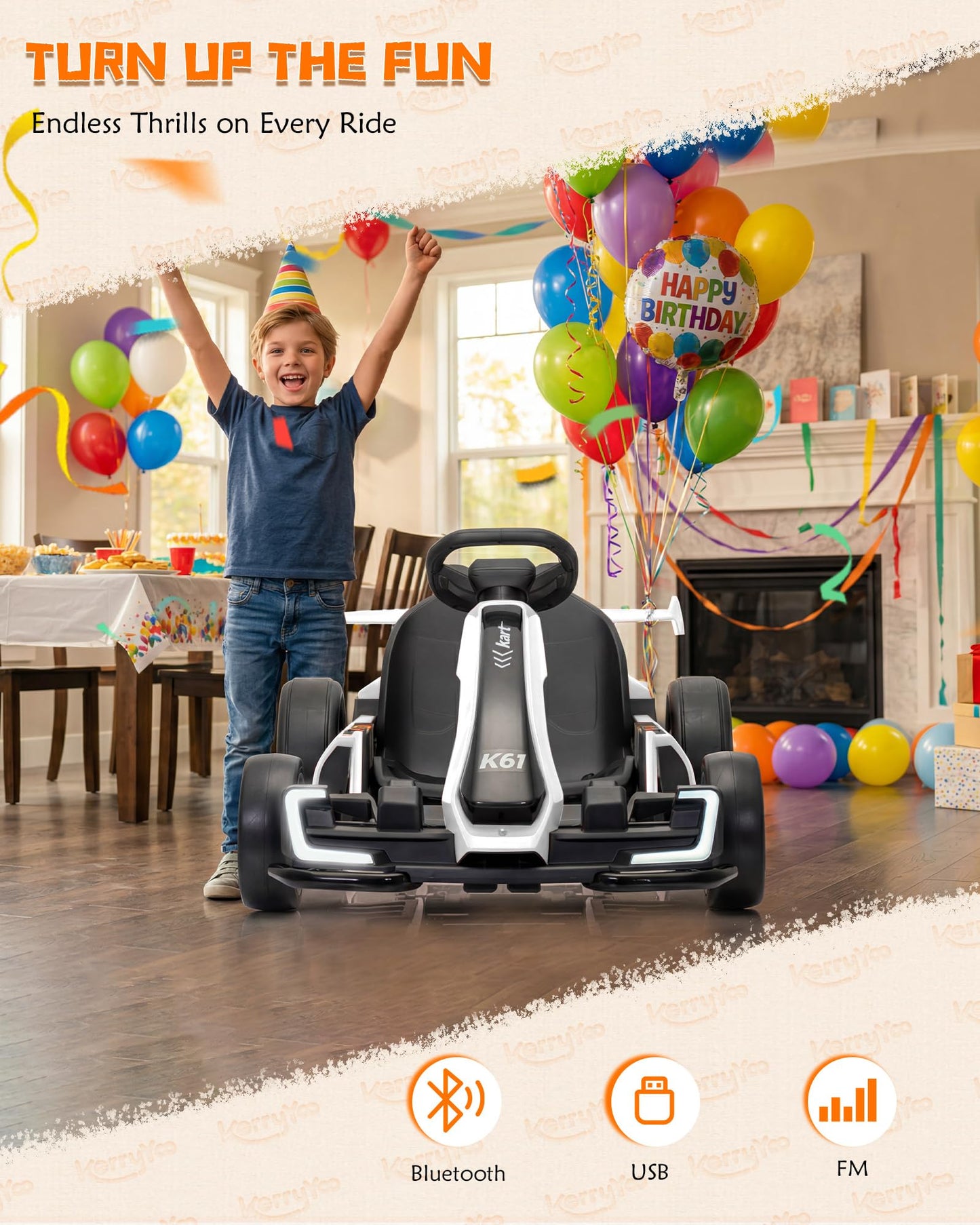 KerryYoo K61 Go Kart Electric Drift Kart with Length Adjustable Seat, 24V Outdoor Ride on Toy with 4 Speed Mode, Crazy Kart for Kids 6-12 Years Old, Fast 300W Motor, 8.5 MPH, Bluetooth - White