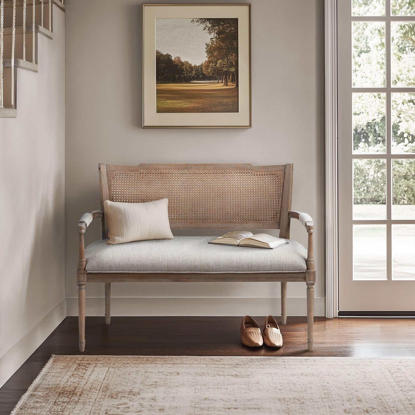 Madison Park Willshire Natural Rattan Settee, Upholstered Seat - Charming Country Design, Rustic Reclaimed Wood Finish, Ratan Insert Backrest & Padded Arm Rest, 47.25" Wide Beige/Reclaimed Natural