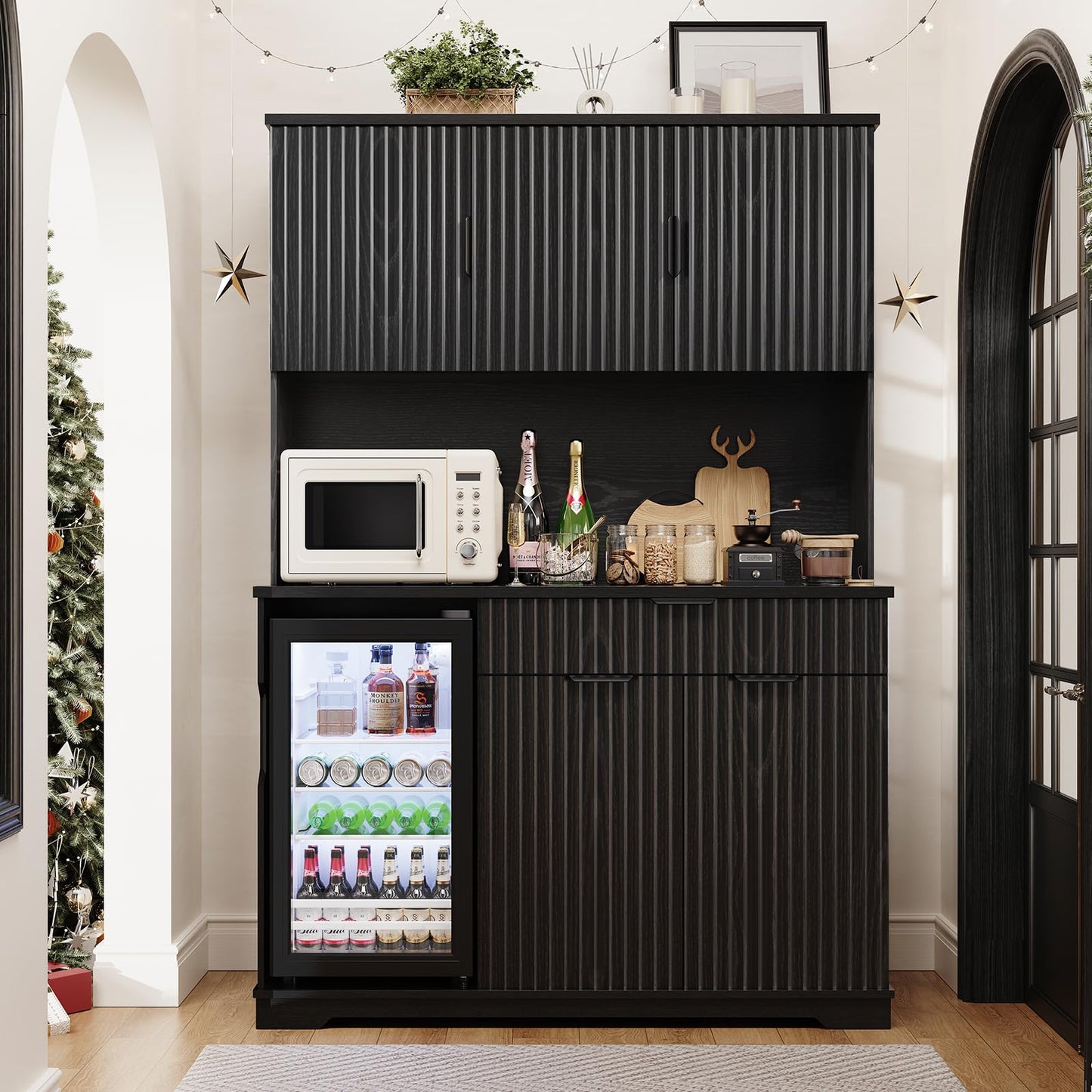 Aauro Home 69" Kitchen Pantry with Fridge (Fridge Included), Fluted Coffee Bar Cabinet with LED Lights & Outlets, Tall Wine Bar Cabinet with Drawer & Storage Hutch for Living Room, Dining Room, Black