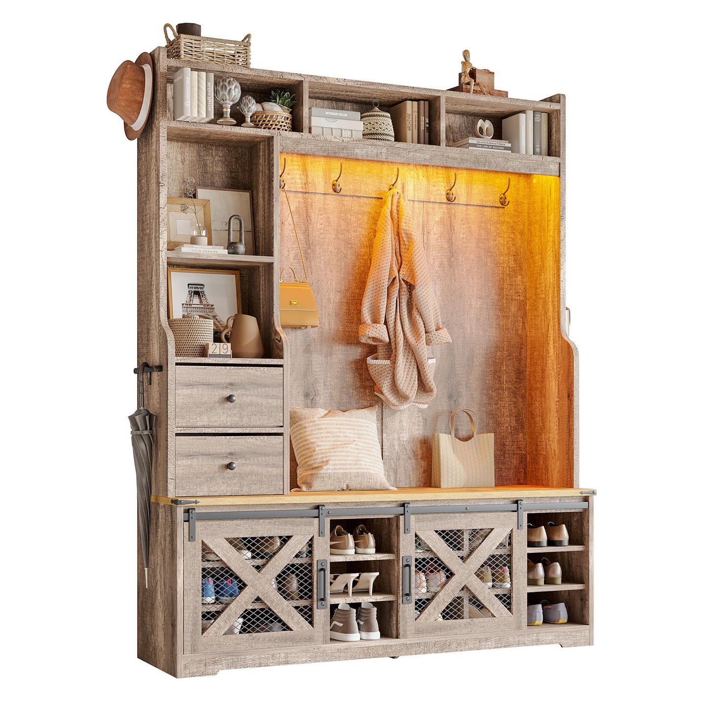 AMERLIFE 75" 7-in-1 Farmhouse Hall Tree with Shoe Bench & LED, Rustic Grey