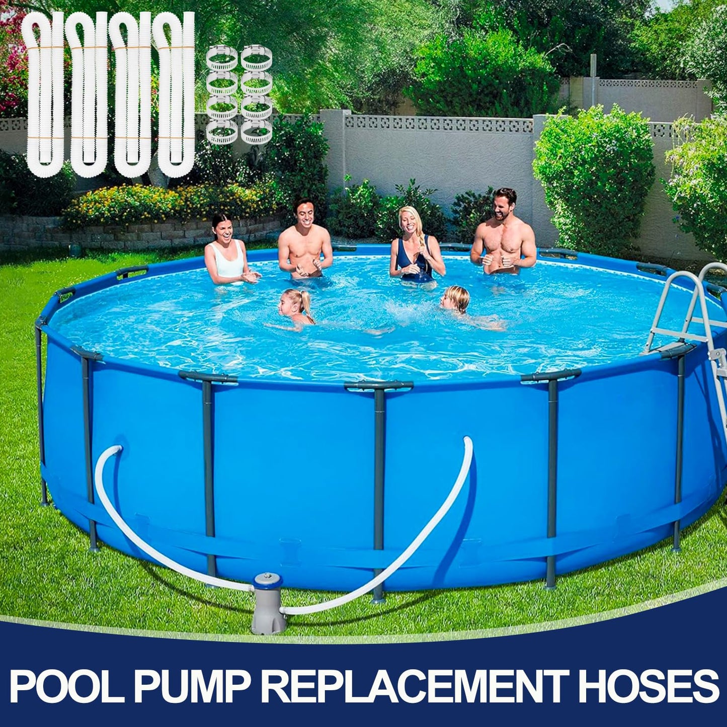 Pool Hoses for Above Ground Pools, 4 Pack 1.25 x 59 Inch Pool Filter Pump Hoses, 1 1/4 Pool Hoses Compatible with Intex Pool Filter Pump 607, 637 With 8 Metal Clamps(4)