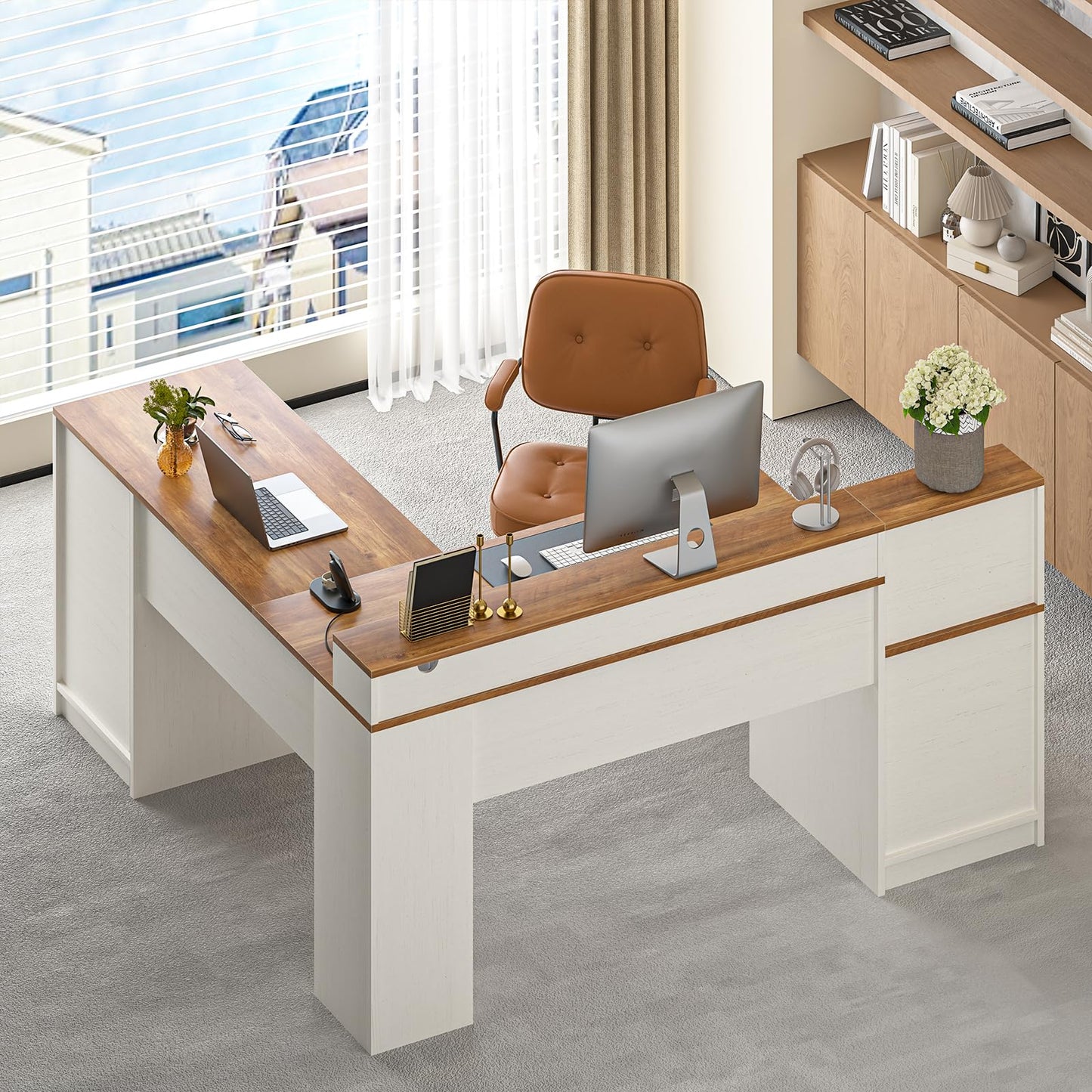 63" Farmhouse L Shaped Desk with Drawers & Printer Shelf for Home Office