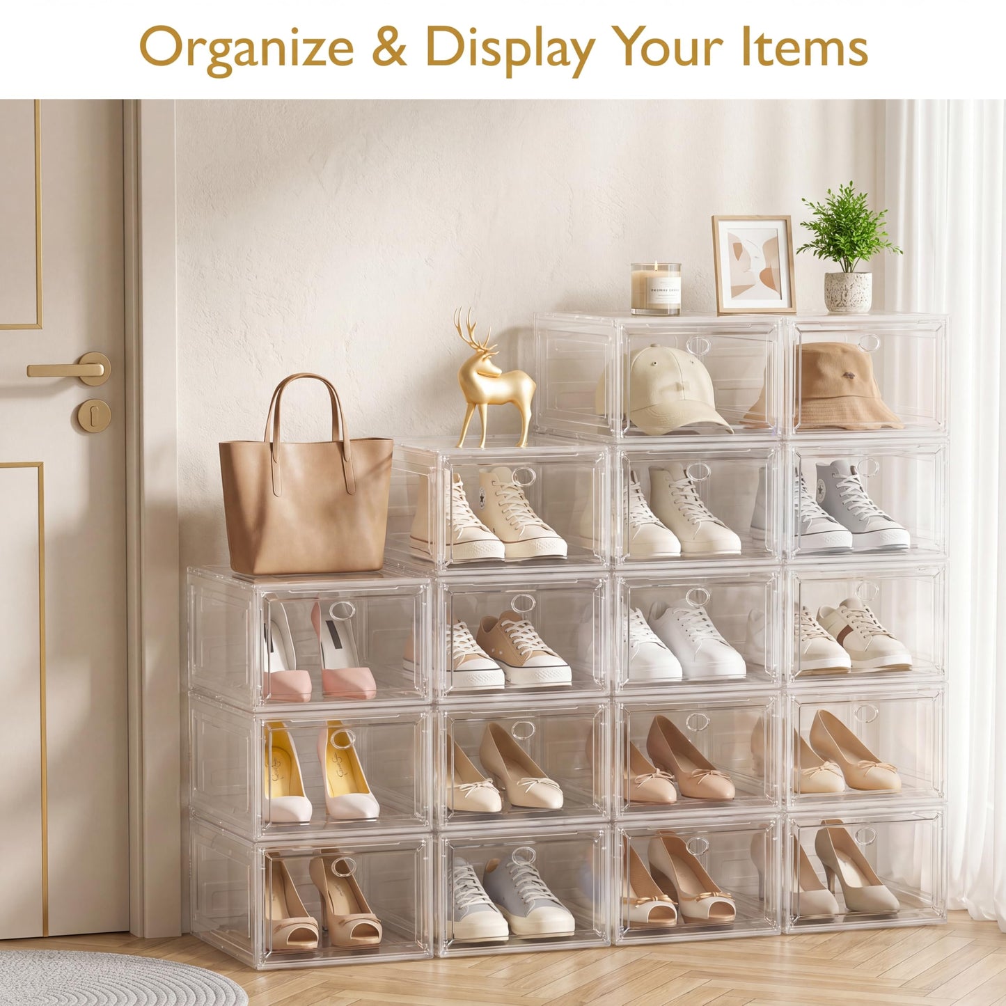7 code Shoe Organizer, Clear Thickened Stackable Shoe Boxes with Magnetic Door, Collapsible Closet Storage Rack for Sneakers & Boots, 6 Pack White, Virgin Material, Not Recycled Plastic for Household