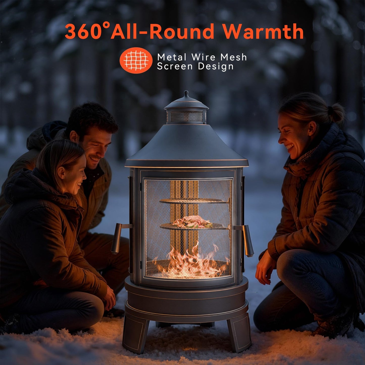 ASJMR Metal Outdoor Fire Pit for Outside Wood Burning,24 Inch Chiminea Outdoor Fireplace with Adjustable Grill Tray, Spark Screen Door & Fire Poker, for Patio, Garden, Backyard