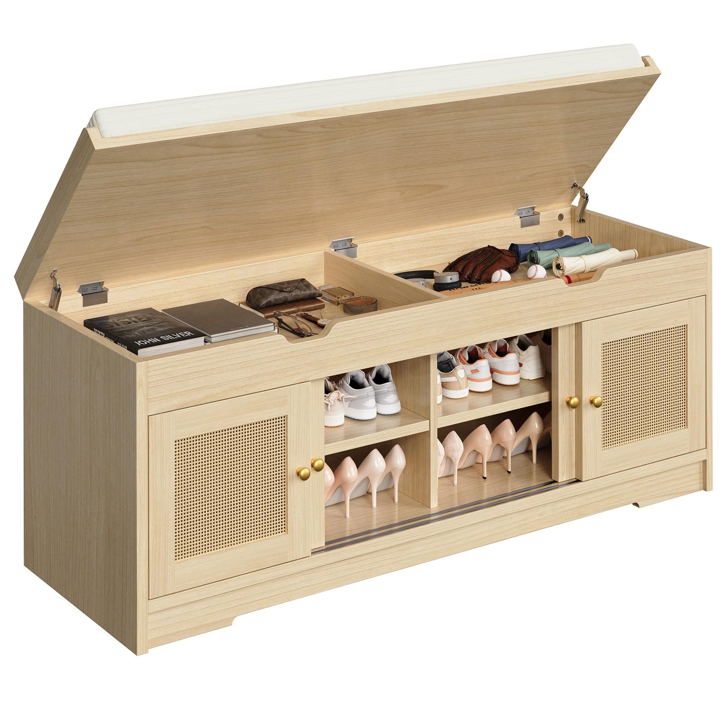 LIKIMIO 47.2" Shoe Bench with Lift Top Storage, Entryway Bench with Cushioned Seat, 2-Tier Rattan Shoe Cabinet with Adjustable Shelf, Storage Bench for Bedroom, Living Room, Hallway, Natural