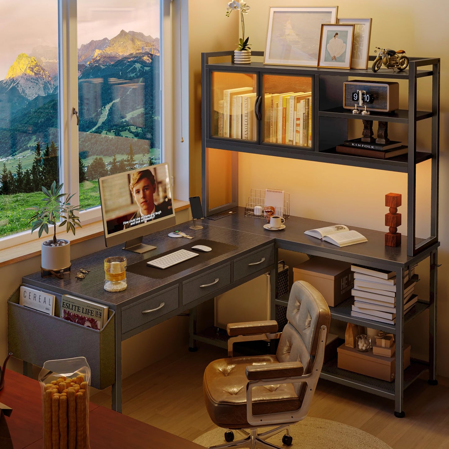 PRAISUN 57.5" Reversible L-Shaped Desk with LED Lights & Power Station