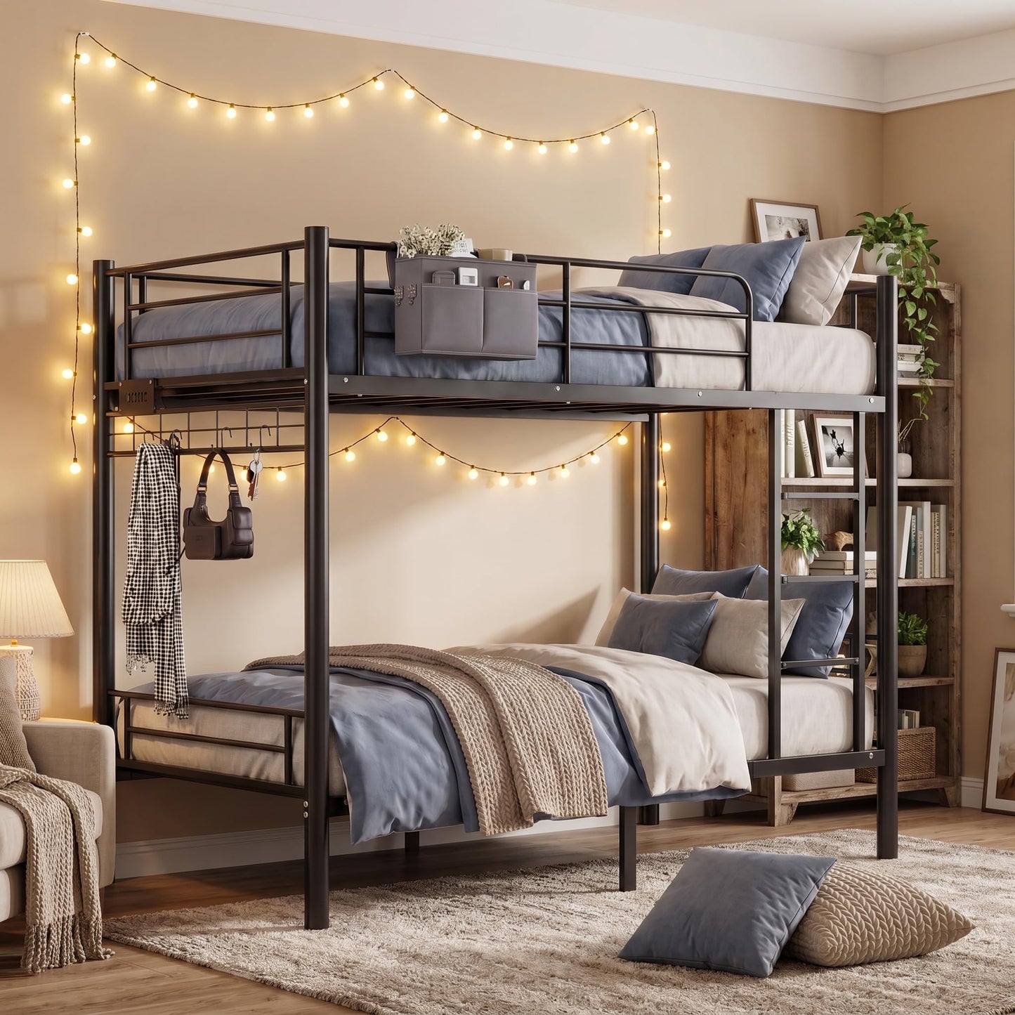 Bunk Bed,Bunk Bed Twin Over Twin with Power Outlet and LED Lights,Black