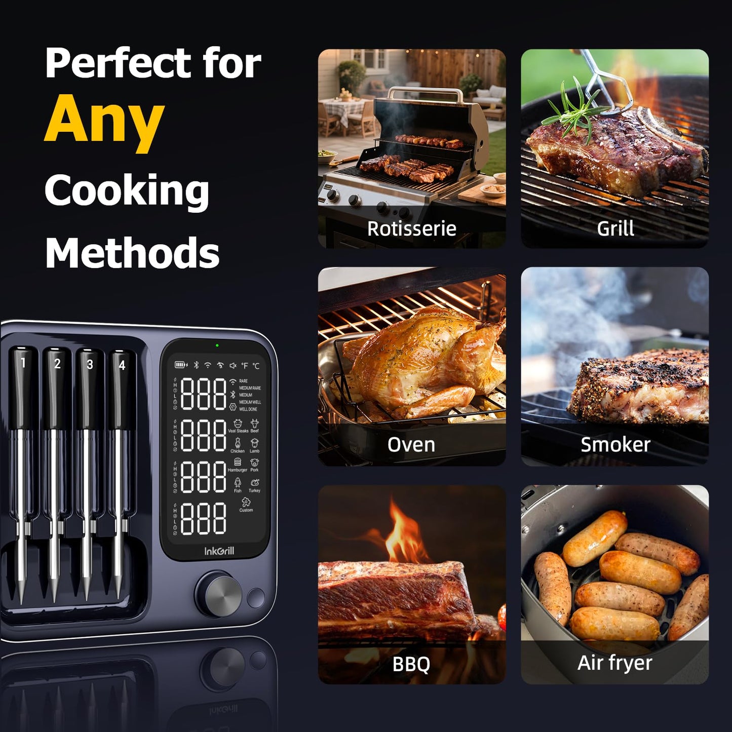 InkGrill Wireless Meat Thermometer with APP Control,4 Probes Meat Thermometer Digital, Unlimited Range WiFi & Bluetooth Meat Thermometerfor for Rotisserie, Grill, Oven, Smoker, BBQ, Air Fryer