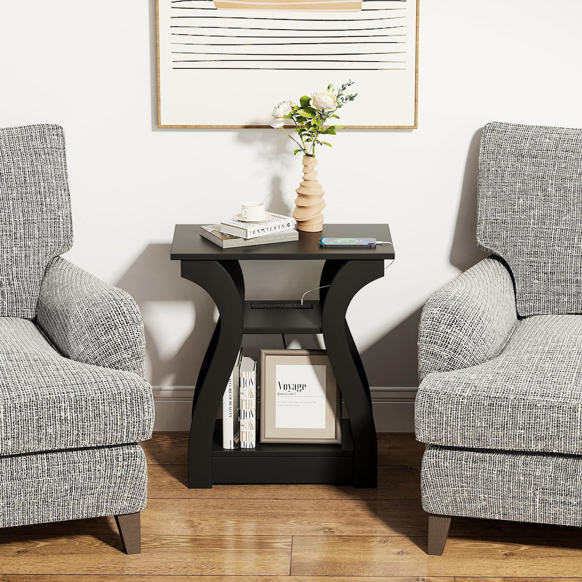 FROMJBEST End Tables Living Room Set of 2 with Charging Station, Black