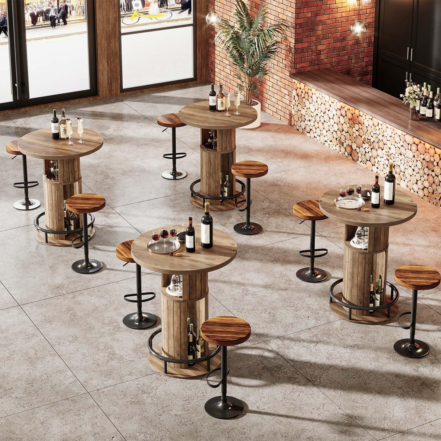 HSH Round Bar Table, 39.37" H Wood Pub Table with Storage & Metal Footrest, Modern Rustic Bar Height Bistro Cocktail Table for Coffee Bar, Kitchen Dining Room, Small Space, Rustic Oak (Table Only)